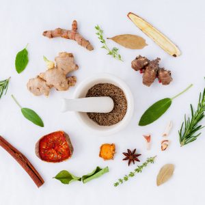 mortar and pestle with herbs and spices