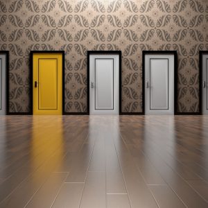 5 doors in a row with one painted a different color