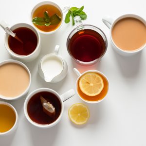 close up of various teas in cups