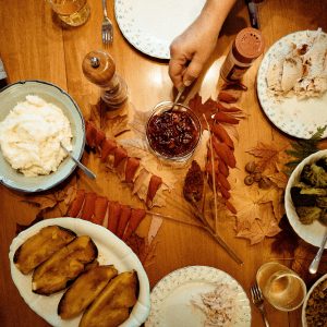 birds eye view of a Thanksgiving dinner spread on a table