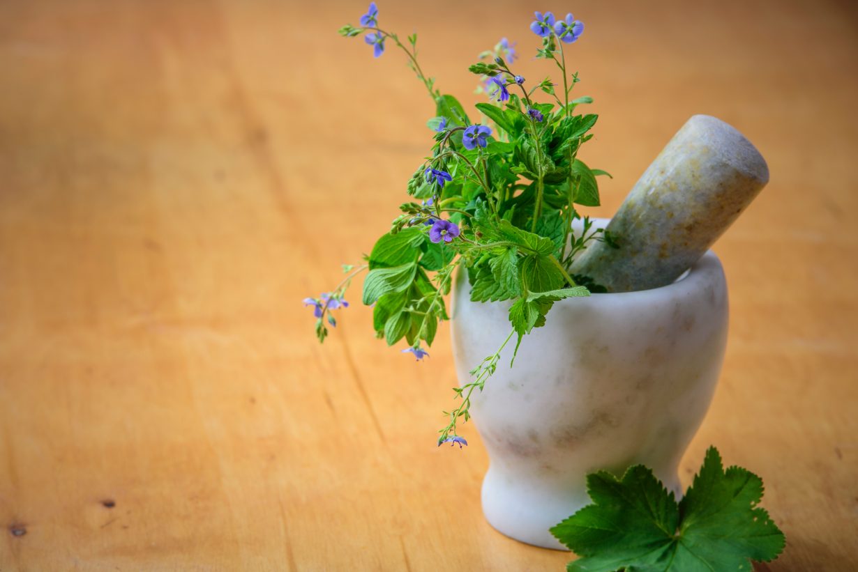 mortar and pestle with herbs inside