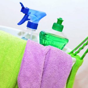cleaning supplies in a bucket