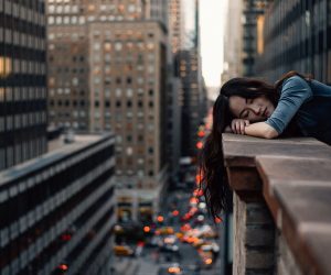 woman relaxing in a busy city