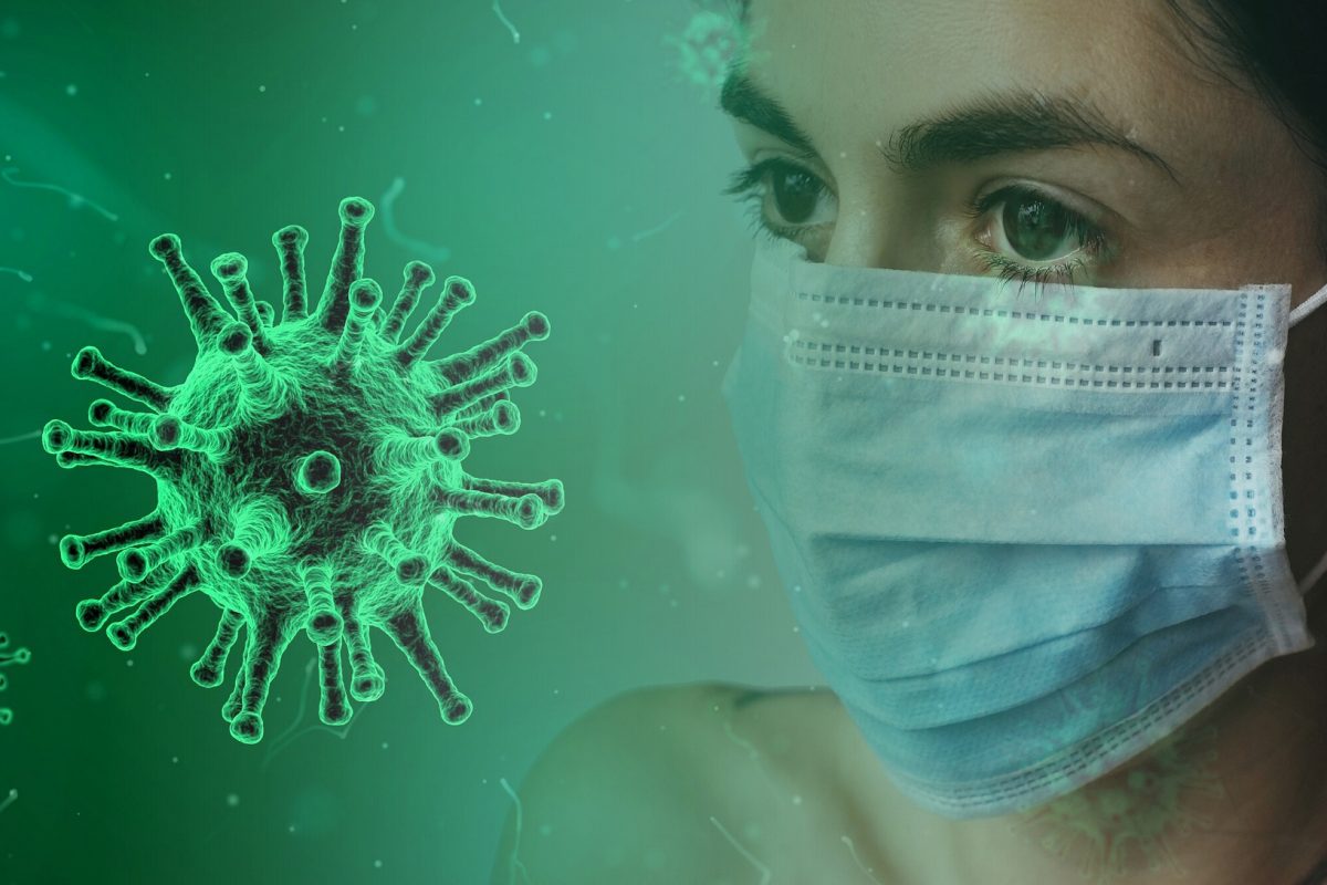 coronavirus and a person with a mask