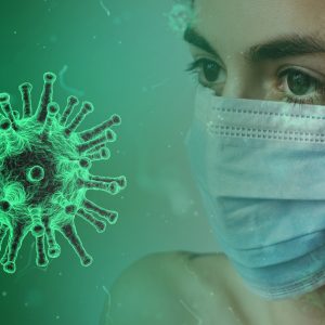 coronavirus and a person with a mask