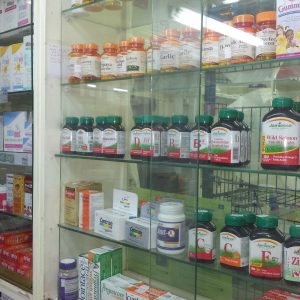 drugstore cabinets full of bottles