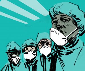 illustrated image of surgeons wearing personal protective equipment