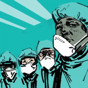 illustrated image of surgeons wearing personal protective equipment