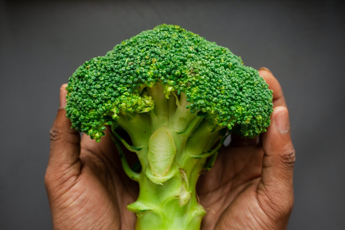 person holding broccoli in their hands