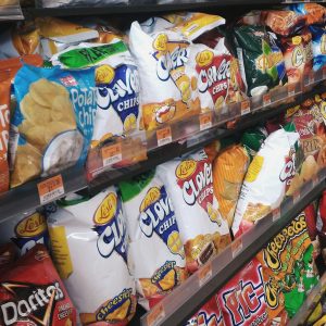 shelves of bagged chips