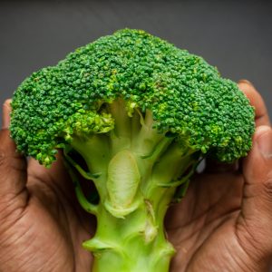 person holding broccoli floured in hands
